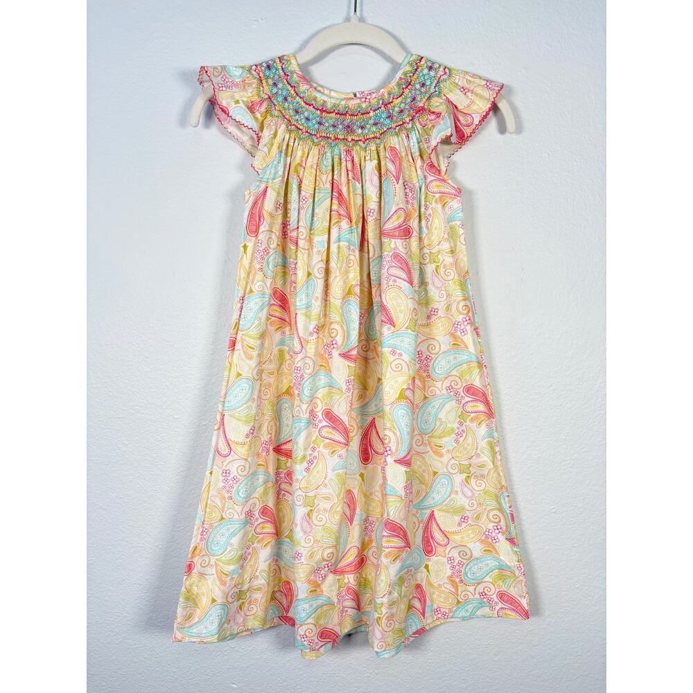 Girl's Le' Za Me Smocked Pastel Paisley Print Ruffle Flutter Sleeve Dress